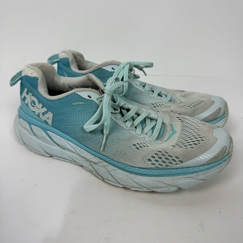 Hoka Clifton 6 teal turquoise colorway ombre running athletic shoes